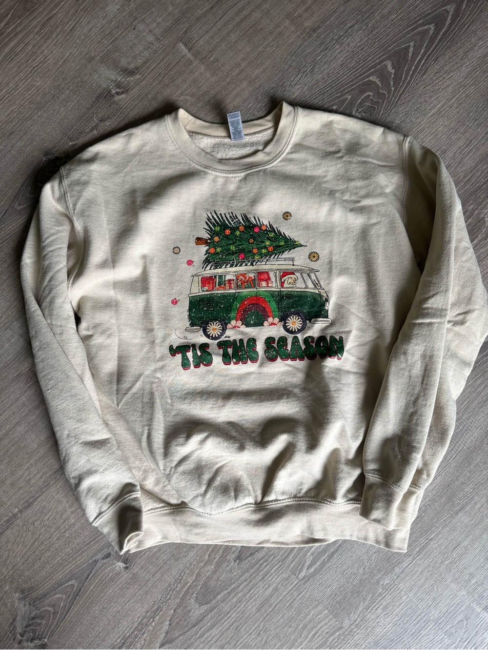 Tis’ The Season Hippie Bus Santa Christmas Crewneck Gildan